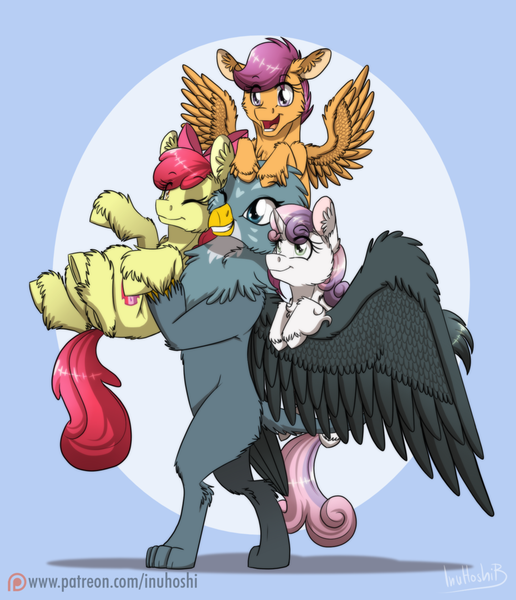 Size: 900x1047 | Tagged: safe, artist:inuhoshi-to-darkpen, derpibooru import, apple bloom, gabby, scootaloo, sweetie belle, gryphon, pony, the fault in our cutie marks, adorabloom, bipedal, carrying, cute, cutealoo, cutie mark, cutie mark crusaders, diasweetes, eyes closed, female, filly, fluffy, gabbybetes, holding a pony, open mouth, patreon, patreon logo, smiling, the cmc's cutie marks, unshorn fetlocks