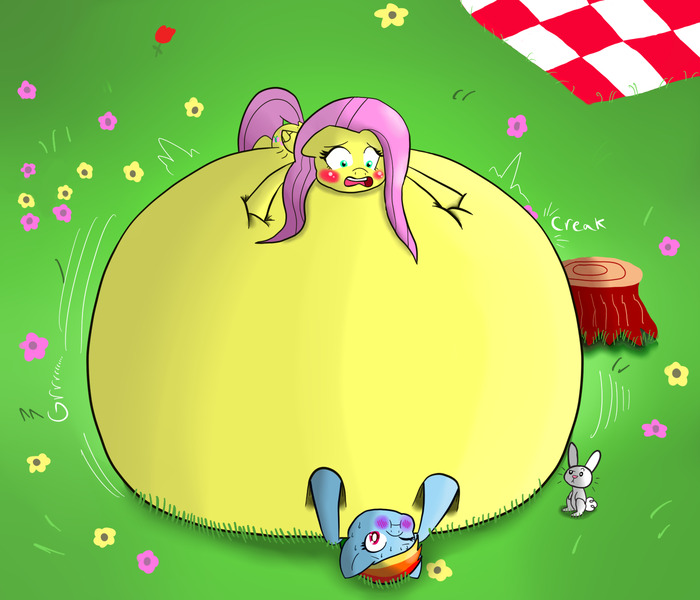 Size: 1400x1200 | Tagged: angel bunny, artist:hedgehogstew, belly, belly bed, big belly, blushing, derpibooru import, fluttershy, impossibly large belly, inflation, questionable, rainbow dash