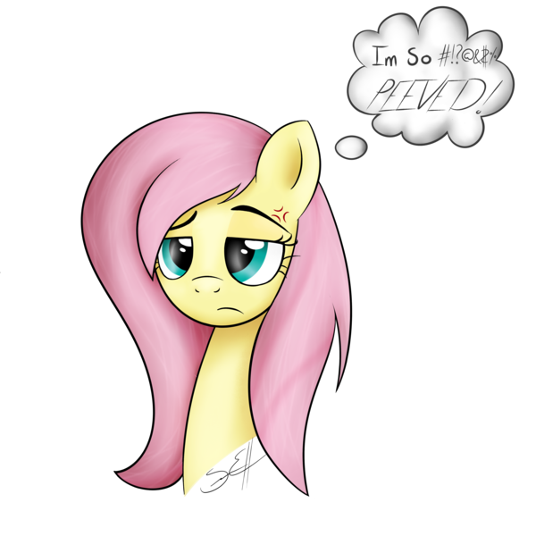 Size: 5000x5000 | Tagged: absurd resolution, artist:dotdotdotfreak, bust, cross-popping veins, derpibooru import, flutter brutter, fluttershy, frown, peeved, portrait, safe, simple background, solo, thought bubble