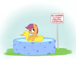 Size: 1945x1508 | Tagged: safe, artist:vanillaghosties, derpibooru import, scootaloo, pegasus, pony, cute, female, filly, floaty, fuck the police, gradient background, looking up, sign, smirk, solo, swimming pool