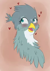 Size: 2480x3508 | Tagged: safe, artist:loboguerrero, derpibooru import, gabby, gryphon, blushing, bust, cheek fluff, chest fluff, colored pupils, cute, fluffy, gabbybetes, heart, ponytail, solo
