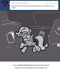 Size: 666x809 | Tagged: artist:egophiliac, clothes, cute, derpibooru import, filly, grayscale, lunabetes, monochrome, moonstuck, princess luna, safe, socks, solo, woona, younger