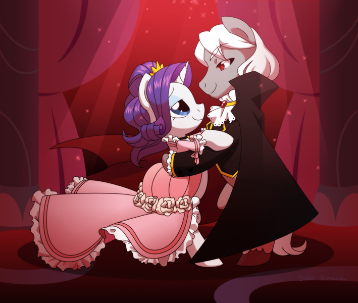 Size: 1300x1100 | Tagged: artist:yokokinawa, clothes, crossover, dancing, derpibooru import, dracula, dress, flower, gala, gala dress, male, oc, oc:dracula, ponified, rarity, red light, safe, sparkles, straight, vampire, vampony