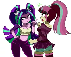 Size: 1500x1200 | Tagged: suggestive, artist:danmakuman, artist:nekojackun, derpibooru import, edit, editor:liggliluff, aria blaze, sour sweet, equestria girls, argument, ass, belly button, blue underwear, boyshorts, breasts, busty sour sweet, cleavage, clothes, collaboration, duo, eyeshadow, female, freckles, green underwear, hips, makeup, midriff, miniskirt, off shoulder, panties, pants, pigtails, pleated skirt, ponytail, skirt, socks, thigh highs, twintails, underwear, upskirt, zettai ryouiki