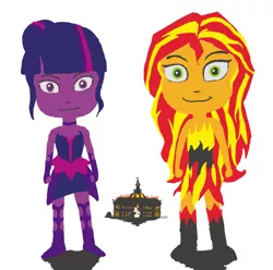 Size: 646x641 | Tagged: safe, artist:trixsun, derpibooru import, sci-twi, sunset shimmer, twilight sparkle, demon, equestria girls, friendship games, alternate costumes, burning, canterlot high, earth is doomed, midnight sparkle, midnightsatan, sunset satan, xk-class end-of-the-world scenario