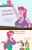 Size: 1415x2239 | Tagged: suggestive, artist:gunpowdergreentea, derpibooru import, pinkie pie, pound cake, pumpkin cake, anthro, big breasts, breasts, busty pinkie pie, cake twins, chest fluff, cleavage, clothes, comic, crepe, dialogue, female, food, huge breasts, image, jpeg, midriff, older, older cake twins, older pound cake, older pumpkin cake, open mouth, pancakes, pants, text, tongue out, unamused