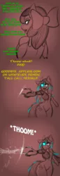 Size: 559x1632 | Tagged: semi-grimdark, artist:lil miss jay, derpibooru import, apple bloom, applejack, anthro, ask lil miss rarity, aj the huntress, amputee, applebloo, glowing eyes, glowing mane, laser, prosthetic arm, prosthetic limb, prosthetics, tumblr