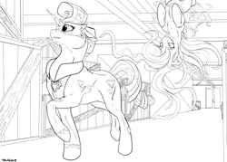 Size: 1350x964 | Tagged: artist:backlash91, clothes, derpibooru import, lineart, mane-iac, monochrome, power ponies, radiance, safe, superhero, supervillain, warehouse