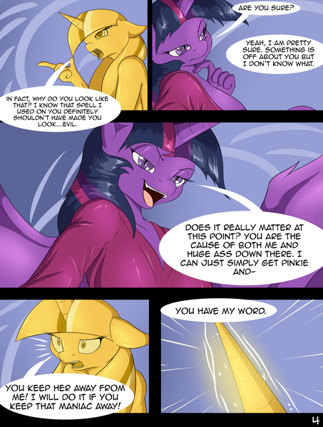 Size: 1480x1959 | Tagged: questionable, artist:suirano, derpibooru import, twilight sparkle, alicorn, anthro, comic:temptation, big breasts, breasts, clothes, comic, dialogue, duo, glowing horn, image, magic, nudity, png, scepter, speech bubble, temptation tales 3, twilight scepter, twilight sparkle (alicorn)