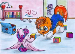 Size: 1024x735 | Tagged: safe, artist:rainbowshine94, derpibooru import, princess flurry heart, starlight glimmer, sunburst, alicorn, pony, unicorn, crib, cute, diaper, flurrybetes, sunbetes, traditional art, uncle sunburst, watermark