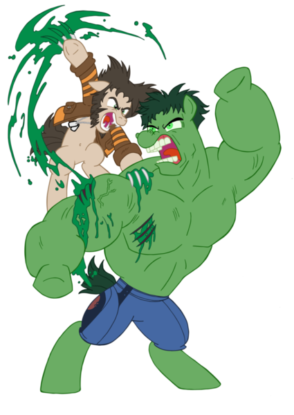 Size: 753x1062 | Tagged: artist:edcom02, artist:jmkplover, bare chest, bleeding, blood, bruce banner, claws, clothes, crossover, cut, derpibooru import, fight, green blood, james howlett, logan, marvel, ponified, semi-grimdark, simple background, the incredible hulk, topless, transparent background, wolverine, x-men