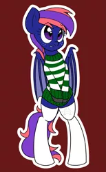 Size: 699x1135 | Tagged: safe, artist:sweetfilthyfun, derpibooru import, oc, oc:shy knight, unofficial characters only, bat pony, pony, bipedal, clothes, cute, simple background, socks, solo, stockings, sweater