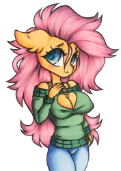 Size: 1017x1439 | Tagged: anthro, artist:sexualised, blushing, breasts, busty fluttershy, clothes, derpibooru import, female, floppy ears, fluttershy, jeans, off shoulder, pants, safe, simple background, solo, sweater, sweatershy, traditional art, transparent background