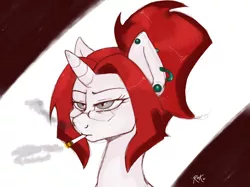 Size: 2732x2048 | Tagged: safe, artist:rhk, derpibooru import, oc, oc:redkyo, unofficial characters only, pony, unicorn, cigarette, glare, glasses, piercing, sketch, smoking