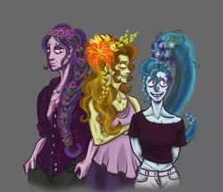 Size: 1716x1478 | Tagged: safe, alternate version, artist:madness-with-reason, derpibooru import, adagio dazzle, aria blaze, sonata dusk, equestria girls, alternate hairstyle, aria-blazin-it, clothes, flower, flower in hair, open clothes, open shirt, the dazzlings