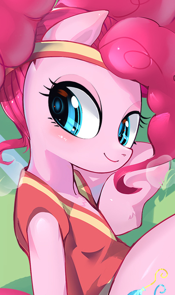 Size: 412x694 | Tagged: artist:chigusa, buckball season, clothes, cropcon, cute, derpibooru import, explicit source, female, looking at you, pinkie pie, pinktails pie, safe, solo