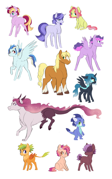 Size: 3000x4812 | Tagged: safe, artist:kianamai, derpibooru import, oc, oc:anjou apple, oc:cicada song, oc:cinder, oc:flower crown, oc:geode glitz, oc:honey crisp, oc:hunter, oc:morning star, oc:overcast, oc:parade float, oc:peach fuzz, oc:sunshine, oc:sunshine (kilala), oc:tacet, unofficial characters only, changepony, draconequus, dragon, earth pony, hippogriff, hybrid, pegasus, pony, unicorn, kilalaverse ii, blaze (coat marking), bow, draconequus oc, hair bow, interspecies offspring, magical lesbian spawn, next generation, offspring, parent:applejack, parent:button mash, parent:discord, parent:gabby, parent:maud pie, parent:party favor, parent:pinkie pie, parent:princess celestia, parent:princess ember, parent:queen chrysalis, parent:rainbow dash, parent:rarity, parent:scootaloo, parent:soarin', parent:spike, parent:sunset shimmer, parent:sweetie belle, parent:troubleshoes clyde, parent:twilight sparkle, parents:chrysaluna, parents:diamondbloom, parents:dislestia, parents:emberspike, parents:flutterhugger, parents:gabbyloo, parents:partypie, parents:soarindash, parents:sunsetsparkle, parents:sweetiemash, parents:troublejack, simple background, socks (coat marking), white background