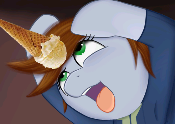 Size: 559x397 | Tagged: questionable, artist:neighday, derpibooru import, edit, oc, oc:littlepip, unofficial characters only, pony, unicorn, fallout equestria, fanfic, clothes, dropped ice cream, explicit source, fanfic art, female, food, gradient background, hooves, ice cream, ice cream horn, mare, not porn, open mouth, solo, solo female, teeth, tongue out, vault suit