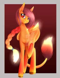 Size: 1024x1325 | Tagged: artist:noodlefreak88, derpibooru import, eye contact, fire pony, glowing hair, glowing wings, hybrid, multicolored hair, oc, red eyes, safe, solo, unofficial characters only, watermark