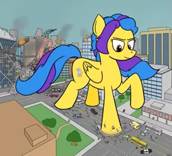 Size: 1891x1717 | Tagged: safe, artist:rapidstrike, derpibooru import, oc, unofficial characters only, human, pegasus, pony, building, bus, car, city, crush fetish, crushing, destruction, giant pegasus, giant pony, implied death, macro, people, police car, raised hoof, stomping, tree, van, vehicle