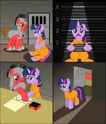 Size: 1714x2000 | Tagged: artist:spellboundcanvas, clothes, derpibooru import, guard, hoofprints, horn cap, jail, magic suppression, mugshot, prison, prisoner ts, prison outfit, sad, safe, twilight sparkle