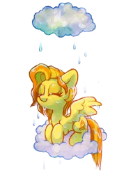 Size: 1280x1769 | Tagged: safe, artist:dawnfire, derpibooru import, spitfire, pegasus, pony, cloud, cute, cutefire, cutie mark, eyes closed, female, hooves, lying down, lying on a cloud, mare, on a cloud, prone, rain, simple background, smiling, solo, spread wings, transparent background, wet, wings