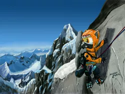 Size: 8000x6029 | Tagged: absurd resolution, artist:kennelj, atg 2016, bag, cleats, climbing, clothes, derpibooru import, grappling hook, harness, hood, mountain, newbie artist training grounds, oc, oxygen mask, pants, ropes, safe, scenery, signature, snow, solo, unofficial characters only, visor
