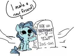 Size: 691x518 | Tagged: safe, artist:nobody, derpibooru import, petunia paleo, earth pony, pony, the fault in our cutie marks, beavis and butthead, cyoa:necroquest, dialogue, epitaph, female, filly, gravestone, implied death, open mouth, parody, partial color, sitting, solo, speech bubble