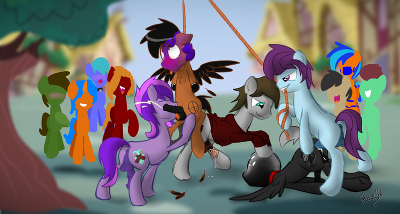 Size: 3935x2107 | Tagged: explicit, grimdark, artist:php65, deleted from derpibooru, derpibooru import, oc, oc:cogs fixmore, oc:congeal, oc:delta hooves, oc:descension, oc:eissen, oc:forte, oc:guiding strike, oc:neon lightning, oc:northern haste, oc:sharpshooter, oc:silver raider, oc:wreathstry, unofficial characters only, earth pony, pegasus, pony, unicorn, anal, anal creampie, asphyxiation, ball licking, balls, bdsm, blushing, bondage, breathplay, creampie, cum, gay, hanging, hanging (by neck), hood, image, implied death, latex, male, nudity, oral, orgasm, png, rape, sex, snuff, super gay, ych result