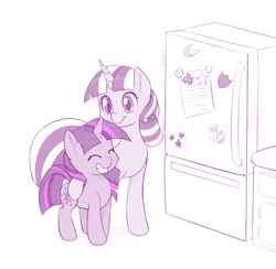 Size: 1100x1075 | Tagged: safe, artist:dstears, derpibooru import, twilight sparkle, twilight velvet, pony, unicorn, adorkable, cute, dork, eyes closed, female, filly, filly twilight sparkle, mare, mother and daughter, newbie artist training grounds, refrigerator, simple background, smiling, twiabetes, velvetbetes, white background