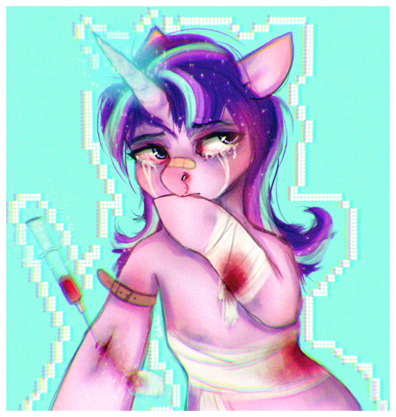 Size: 962x1015 | Tagged: grimdark, artist:vetallie, derpibooru import, starlight glimmer, pony, unicorn, bandage, blood, injection, magic, solo, syringe