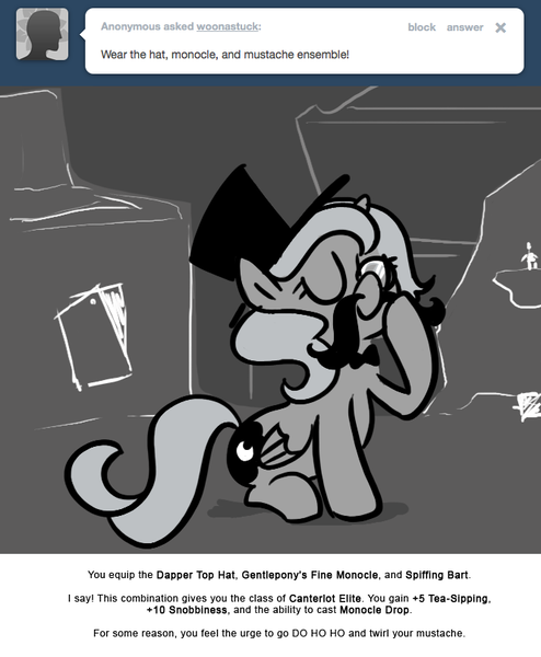 Size: 666x809 | Tagged: artist:egophiliac, cute, derpibooru import, facial hair, fake moustache, filly, hat, monochrome, monocle, moonstuck, moustache, princess luna, safe, top hat, tumblr, woona, younger