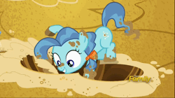 Size: 600x337 | Tagged: safe, derpibooru import, screencap, petunia paleo, earth pony, pony, the fault in our cutie marks, animated, cute, digging, eager, filly, foal, gif, grin, happy, petuniabetes, sand, sandbox, smiling, solo