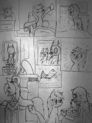 Size: 1920x2560 | Tagged: safe, artist:derpanater, derpibooru import, oc, oc:toothpick, unofficial characters only, changeling, earth pony, pony, alarm clock, bathtub, bed, bed hair, bedroom, black and white, bracelet, broken horn, comic, counter, cute, cutie mark, door, dresser, floppy ears, grayscale, jewelry, mirror, missing the point, monochrome, reflection, ring, shocked, shower curtain, sideways image, sink, stool, sweatdrop, toothbrush, toothpaste, traditional art, wedding ring