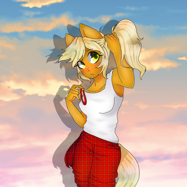 Size: 768x768 | Tagged: anthro, applejack, artist:eyelessjackssis, blushing, clothes, derpibooru import, loose hair, safe, scrunchie, solo, tanktop