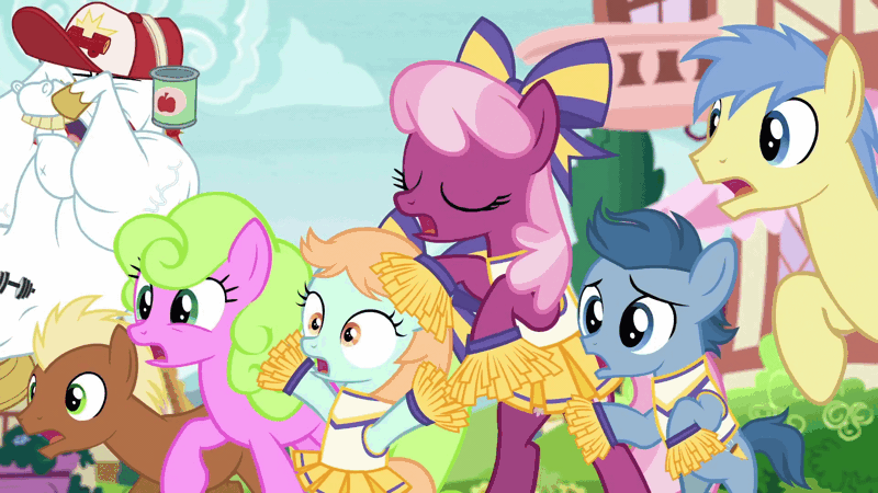 Size: 1920x1080 | Tagged: safe, derpibooru import, screencap, bulk biceps, cheerilee, daisy, flower wishes, goldengrape, meadow song, peach fuzz, perky prep, sir colton vines iii, pony, the cart before the ponies, adaisable, animated, bulkabetes, cheeribetes, cheerileeder, cheering, cheerleader, cheerleader outfit, cheerleading, clothes, colt, cute, diapeaches, filly, foal, gif, hair bow, pleated skirt, pom pom, ponyville, raised hoof, shocked, skirt, worried