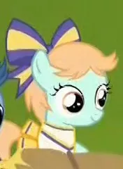 Size: 179x244 | Tagged: safe, derpibooru import, screencap, peach fuzz, pony, the cart before the ponies, avatar, cheerleader, cheerleader outfit, close-up, clothes, cute, diapeaches, filly, foal, hair bow, pleated skirt, skirt, smiling, solo