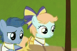 Size: 372x249 | Tagged: safe, derpibooru import, screencap, peach fuzz, perky prep, pony, the cart before the ponies, animated, blinking, cheerleader, cheerleader outfit, clothes, colt, cute, diapeaches, filly, foal, gif, hair bow, pleated skirt, pom pom, skirt, smiling