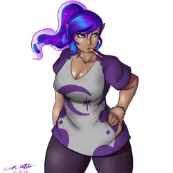 Size: 3500x3500 | Tagged: artist:issac95, big breasts, breasts, busty princess luna, candy, candy cane, cleavage, clothes, dark skin, derpibooru import, elf ears, female, food, human, humanized, mole, princess luna, safe, shirt, simple background, solo, white background