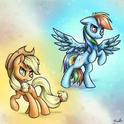 Size: 3024x3024 | Tagged: applejack, artist:gaelledragons, cowboy hat, derpibooru import, duo, freckles, hat, rainbow dash, rearing, safe, signature, stetson