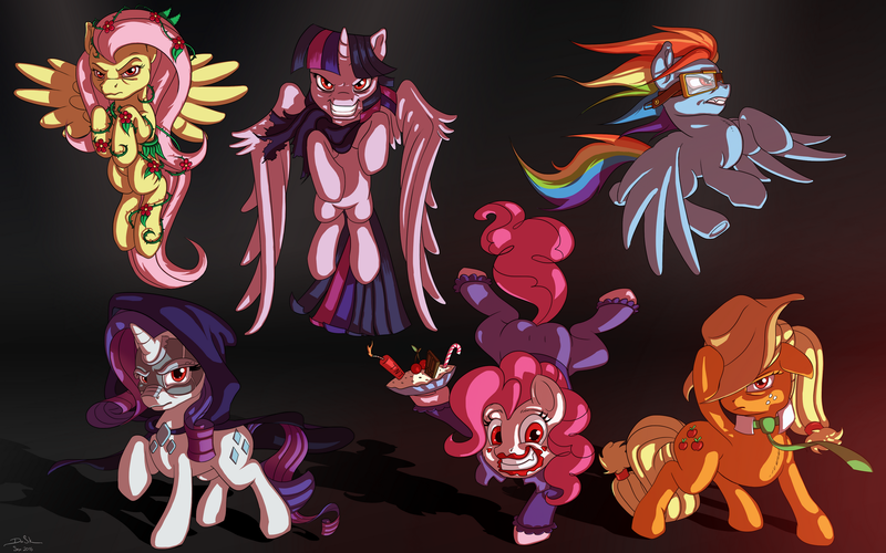 Size: 2200x1375 | Tagged: semi-grimdark, artist:skodadav, derpibooru import, applejack, fluttershy, pinkie pie, rainbow dash, rarity, twilight sparkle, twilight sparkle (alicorn), alicorn, pony, ponies of dark water, spoiler:comic, applegekko, clothes, dark, doctor doomity, donaldjack, edgy, evil, goggles, gordon gekko, mane six, pinkie joker, poison ivy, poison ivyshy, red eyes, scarf, tyrant sparkle