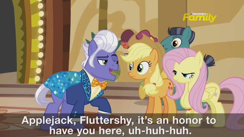 Size: 2551x1435 | Tagged: safe, derpibooru import, official, screencap, applejack, fluttershy, gladmane, pony, viva las pegasus, captions, preview