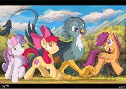 Size: 1260x896 | Tagged: safe, artist:jowybean, derpibooru import, apple bloom, gabby, scootaloo, sweetie belle, earth pony, gryphon, pegasus, pony, unicorn, the fault in our cutie marks, bow, cutie mark crusaders, female, filly, hair bow, looking at each other, mare, open mouth, signature, smiling, the cmc's cutie marks, widescreen