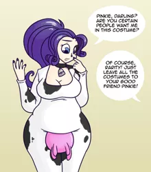Size: 500x568 | Tagged: artist:irateliterate, chubby, clothes, costume, cow, cowbell, cowprint, cow suit, derpibooru import, hips, human, humanized, nail polish, plump, raricow, rarihips, rarity, safe, solo, species swap, udder, wide hips