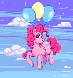 Size: 480x513 | Tagged: safe, artist:black-claudia, derpibooru import, pinkie pie, balloon, cloud, one eye closed, pixel art, sky, solo, stars, then watch her balloons lift her up to the sky, tongue out, wink