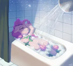 Size: 3706x3345 | Tagged: safe, artist:ligerstorm, derpibooru import, gummy, pinkie pie, earth pony, pony, bath, bathroom, bathtub, bubble bath, eyes closed, female, mare, moon, shower, smiling, stars, steam