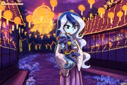 Size: 1125x750 | Tagged: safe, artist:lumineko, derpibooru import, princess luna, pony, equestria girls, building, cheongsam, chinese dress, chinese text, clothes, cookie, cute, eating, eyes closed, filly, food, hnnng, holding a pony, human ponidox, lantern, lantern festival, lumineko is trying to murder us, lunabetes, mid-autumn festival, mooncake, night sky, nom, paper lantern, patreon, patreon logo, s1 luna, self paradox, self ponidox, smiling, vice principal luna, weapons-grade cute, woona, younger
