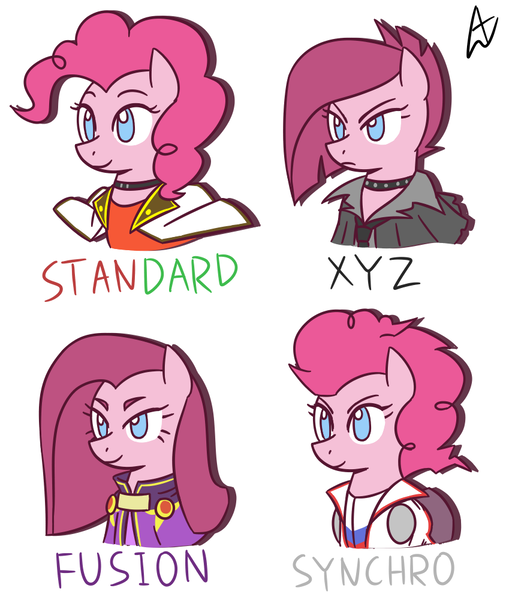 Size: 844x1000 | Tagged: safe, artist:acesrockz, derpibooru import, pinkie pie, earth pony, pony, alternate hairstyle, choker, clothes, crossover, cute, diapinkes, frown, glare, jacket, lidded eyes, pinkamena diane pie, simple background, smiling, smirk, solo, white background, yu-gi-oh!, yu-gi-oh! arc-v, yugo, yuri (arc-v), yuto, yuya sakaki