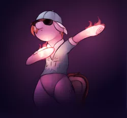 Size: 2050x1897 | Tagged: safe, artist:marsminer, derpibooru import, oc, oc:pop style, unofficial characters only, pony, semi-anthro, baseball cap, bipedal, bottomless, cap, clothes, dab, dark, fire, floppy ears, frown, glow, hat, lit, on fire, purple background, serious, serious face, shirt, simple background, sunglasses, underhoof