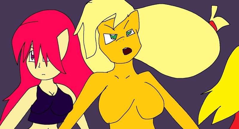 Size: 1677x905 | Tagged: questionable, artist:my little brony friend, derpibooru import, applejack, comic:the marvelous futajack, 1000 hours in ms paint, bra, breasts, clothes, crop top bra, featureless breasts, female, ms paint, purple underwear, underwear